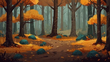 Wall Mural - Autumn forest with fallen leaves and dirt paths for platformer games. 2d style