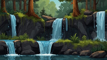 Wall Mural - 2D game background beautiful natural waterfalls in the middle of the forest. 2d style