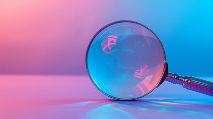 Poster - Minimalist Neumorphism Style Magnifying Glass on Gradient purple Background, research symbol

