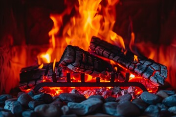 Closeup of burning charcoal and fiery flames in a barbecue grill