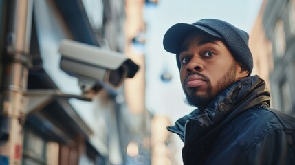 Aufkleber - Close-up of a man in a beanie looking at a surveillance camera on a city street. Captures urban surveillance and personal awareness.