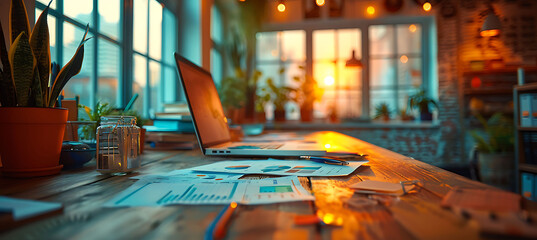 Wall Mural - Closeup of blurred desk in an office environment showing papers pens and office supplies out of focus using Macro Photography and Dual ISO to highlight the soft textures and muted tones