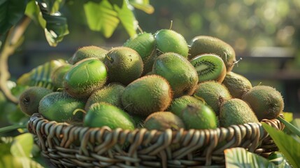 Wall Mural - Basket of vibrant green kiwi fruits, fresh and fuzzy.
