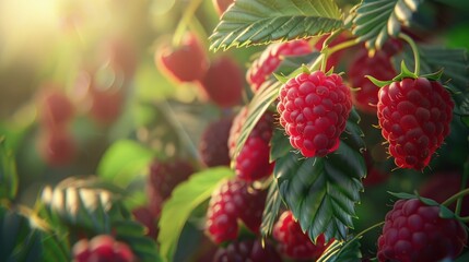 Wall Mural - Freshly picked raspberries, lush and dark red.