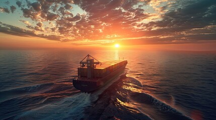 Wall Mural - Autonomous cargo ship navigating through international waters, dawn light.