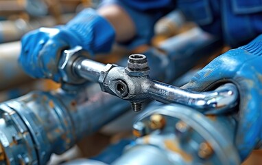 A plumber wearing blue gloves tightens a pipe joint in an industrial environment