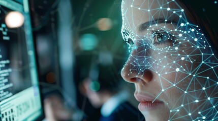 Poster - Close-up of a woman analyzing data on a computer screen with digital patterns. Concept of cyber security, face recognition, and biometric authentication.