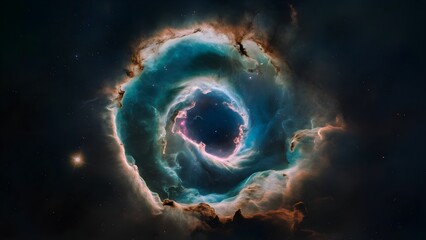 Wall Mural - A luminous nebula swirling with iridescent colors in the depths of space, surrounded by distant stars and cosmic dust