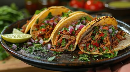 Wall Mural - an ultra realistic photo of a plate with pulled pork tacos, being held up by a hand, modern kitchen background, studio lighting