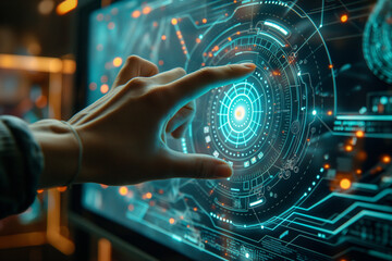 Wall Mural - Digital technology, internet network connection concept. Finger touching on virtual screen with futuristic technology background technology background