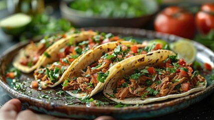 Wall Mural - an ultra realistic photo of a plate with pulled pork tacos, being held up by a hand, modern kitchen background, studio lighting