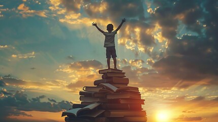 Wall Mural - A boy stands with arms raised in triumph on a stack of books, looking at a dramatic sunset sky, symbolizing achievement and learning. Back to school, pupil stands on the tower of books