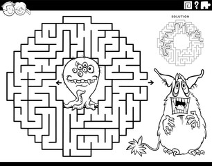 Wall Mural - maze game with cartoon monsters characters coloring page
