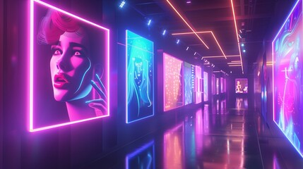 Poster - A digital gallery with neon lights showcases floating artworks and interactive holograms for a new art experience.