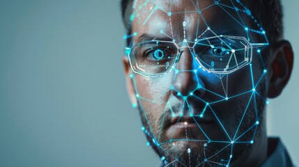Poster - Close-up of a man with glasses, facial recognition mapping overlay. Represents biometric technology and digital identification.