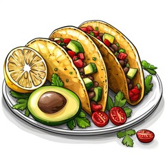 Wall Mural - simple vector, tacos mexicanos on a dish, with avocate, lemon, white background --style raw --stylize 750 Job ID: 9a9597f3-9ab3-4529-8049-32bc94ae7dc6