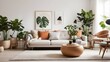 © Amjad art - Elegant living room with comfy carpet, mid-century furniture, white walls, white walls, and houseplants is a hallmark of modern Scandinavian interior design.