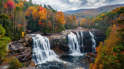 Wall Mural - Waterfall surrounded by wooded mountains during late fall