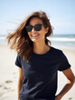 © Vanhayley - Young woman, girl, female, lady, one model navy blue t-shirt tee shirt mockup mock-up mock up at the beach ocean photograph