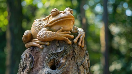 Frog sculpture resting on a tree trunk on a sunny day