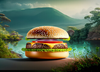 A hyper-realistic 3D cheeseburger with sesame bun, beef patties, melted cheese, lettuce, and ketchup.