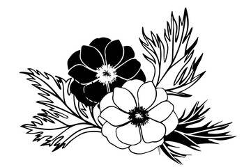 Wall Mural - Vector anemone flowers and leaves. Hand drawn outline monochrome silhouette floral bouquet of isolated illustration. Botanical art for wedding anniversary, birthday, invitations.