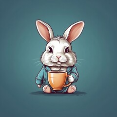 Cute baby rabbit cup of coffee Vector Logo little animal character, illustration simbol print