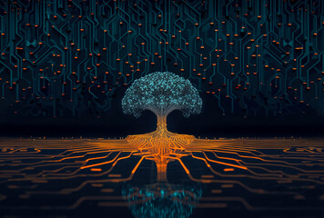 Wall Mural - A digital teal tree lit up with orange circuit roots in the shape of digital motherboard lines, technological background design.