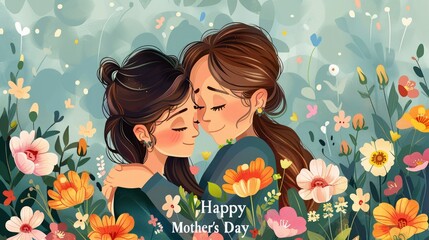 Wall Mural - A mother and daughter hugging, surrounded by flowers in the style of cartoon, with the words 