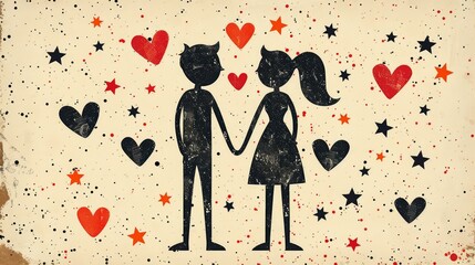 Wall Mural - drawing of a man and woman in love. hearts and doodled stars and hearts all around. minimal 