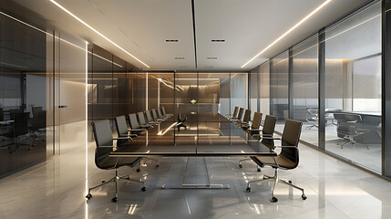 Wall Mural - a modern office interior featuring a sleek conference room. The room is equipped with a long table and chairs, creating an ideal setting for meetings or discussions