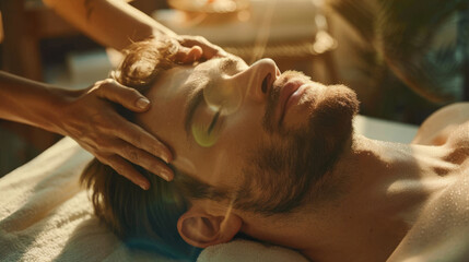 Tranquil scene as a young man luxuriates in a soothing head massage at a spa retreat