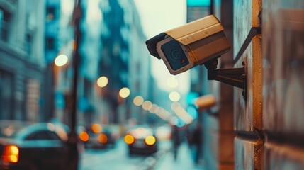 Poster - Outdoor surveillance camera attached to a wall monitoring a city street. Urban security and high-tech monitoring.
