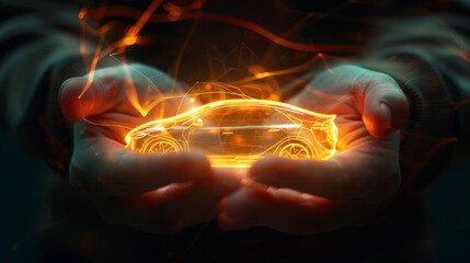 Poster - Futuristic car hologram projected between human hands in abstract glowing image