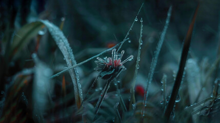 Wall Mural -   A photo of a plant with water droplets on its leaves, surrounded by a blurred background of grass and flowers