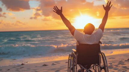Man in wheelchair raises hands in triumph against a stunning sunrise over the ocean