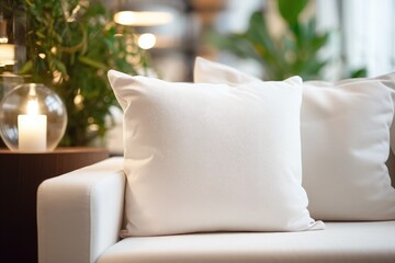 Wall Mural - White square canvas pillow mockup on armchair, small cotton cushion mockup in living room interior