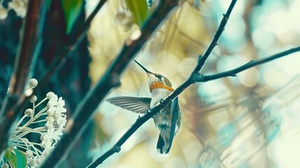 Wall Mural -   Hummingbird on tree branch, white flowers, blurred background
