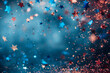 © AISTEL - blue white and red star shaped glitter falling on blue background, with copy space , 4th of July celebration
