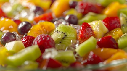 Aufkleber - Macro shot of a colorful fruit salad with kiwi, strawberries, raspberries, and citrus in a glass bowl on a bright background. Great for summer desserts.
