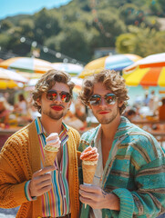 Wall Mural - Men LGBT wearing sunglasses colorful sweaters, holding ice cream cone together, standing outdoors