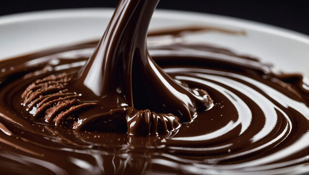 Rich, creamy chocolate sauce flowing in a smooth D swirl. Decadent chocolate syrup twist.