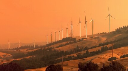 Sticker -  Row of windmills atop a hill, framed by trees, with an orange sky in the backdrop