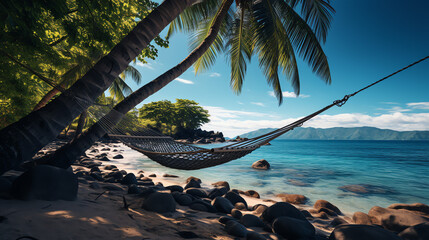 Wall Mural - There is a beach with palm trees and a hammock. The ocean is in the background.

