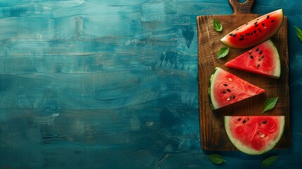 Wall Mural - juicy and ripe watermelon slices on a chopping board, food presentation, top view