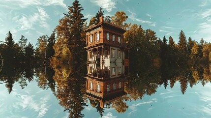 Poster -   A house perched amidst a serene lake, surrounded by verdant trees and a vivid azure sky above