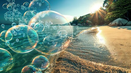Canvas Print -   A group of soap bubbles bobbing in an open space beside the shoreline and swaying with trees in the backdrop