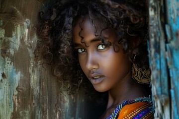 Poster - Evocative closeup of a woman with captivating eyes and curly hair, set against a rustic backdrop