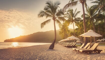 fantastic panoramic view sandy shore soft sunrise sunlight over chairs umbrella and palm trees tropical island beach landscape exotic coast summer vacation holiday relaxing sunrise leisure resort