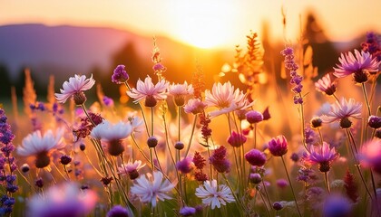 art wild flowers in a meadow at sunset macro image shallow depth of field abstract august summer nature background